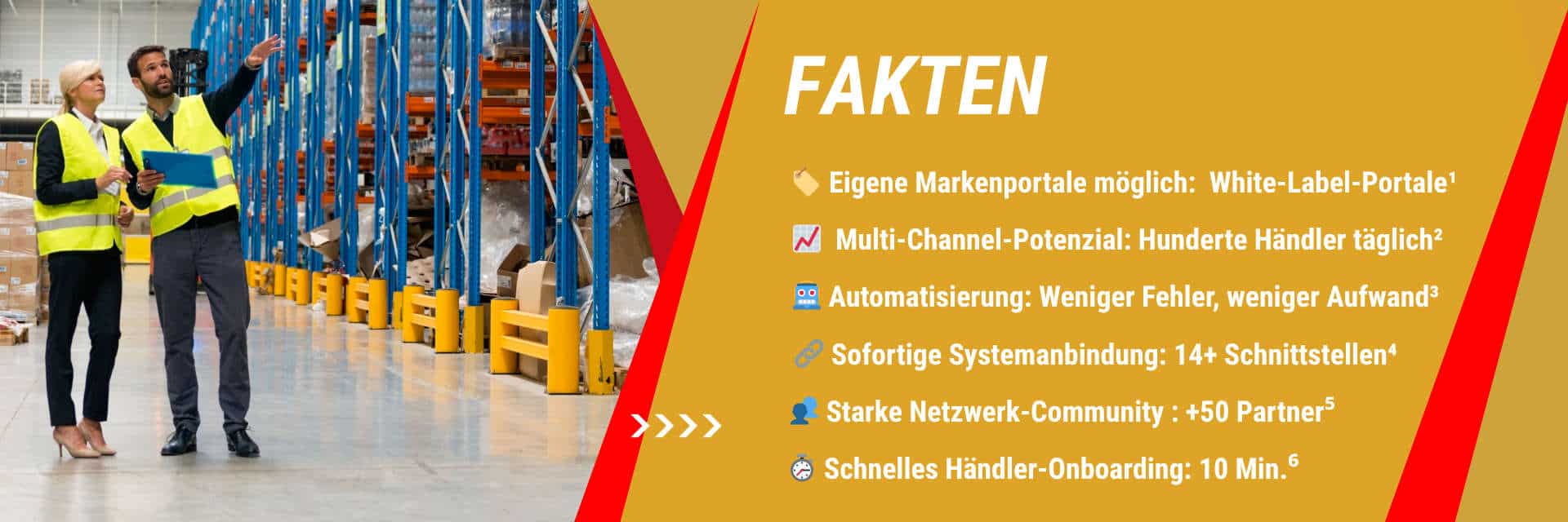 Es werden 6 Fakten ber das FFN-Connect aufgezählet:
🏷️ Eigene Markenportale möglich:  White-Label-Portale
📈  Multi-Channel-Potenzial: Hunderte Händler täglich
🤖 Automatisierung: Weniger Fehler, weniger Aufwand
🔗 Sofortige Systemanbindung: 14+ Schnittstellen
👥 Starke Netzwerk-Community : +50 Partner
⏱️ Schnelles Händler-Onboarding: 10 Min.